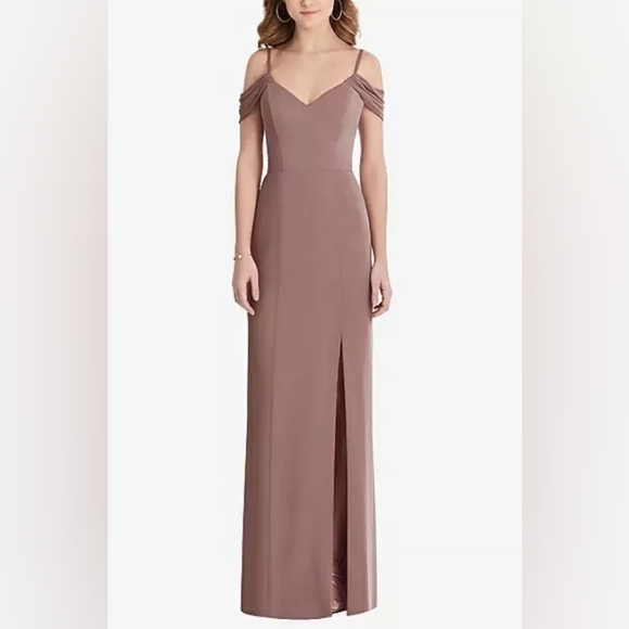 NWT AFTER SIX OFF-THE-SHOULDER CHIFFON TRUMPET GOWN WITH FRONT SLIT IN SIENNA 4 - Picture 2 of 5